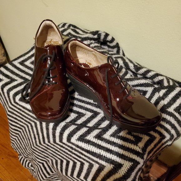 Fly London (Size 40) Blood Red Patent Leather Platform Wedges - Picture 1 of 1
